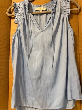 LOFT Pale Blue Ruffle Shoulder Tie-Neck Tank